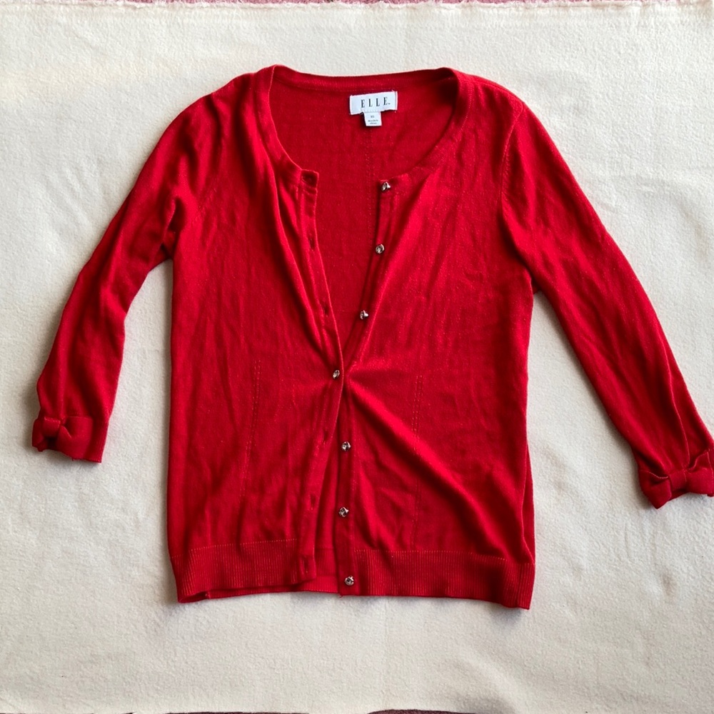 ELLE | Red Cardigan w/ Rhinestone Buttons